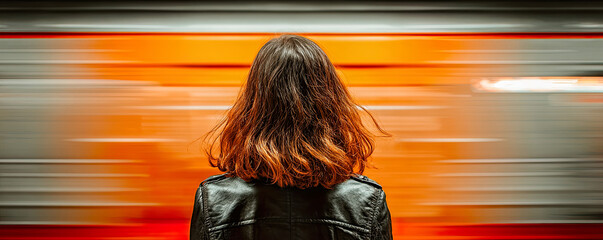 woman seen from behind wearing black leather jacket and loose hair watching blurred train orange gray Generated with AI