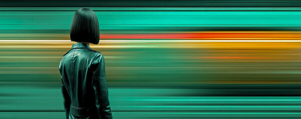 woman seen from behind wearing black leather jacket and bob haircut watching blurred train station Generated with AI