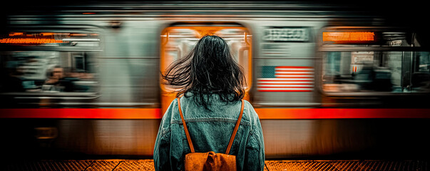 close-up of traveler's feet wearing high-top sneakers walking on a railroad platform between blurred trains urban station detail view Generated with AI