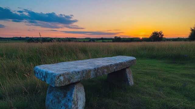 Peaceful scene at a stone bench as the sun sets, framed by a grassy field.