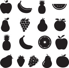 Silhouette set of various fruits in black, including apples, bananas, grapes, and more, perfect for healthy food and organic design themes.