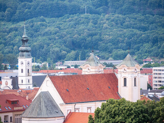 View of the Franciscan Church and Greek Catholic Cathedral in Prešov, Slovakia, captured from the...