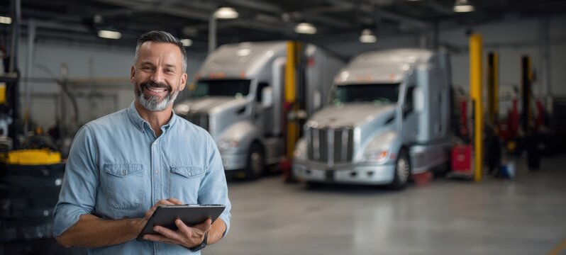 The smiling mechanic holding a tablet in a modern truck garage environment.