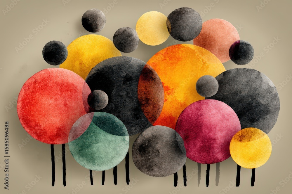 Poster abstract visual representation of interconnected human figures showcased through vibrant watercolor 