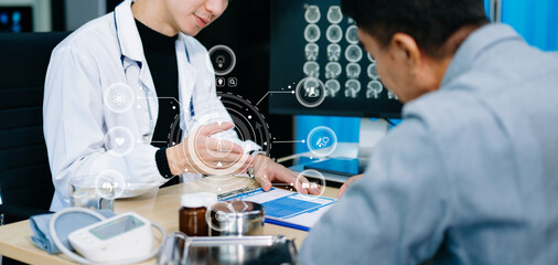 Doctor and patient discussing medical data with futuristic health interface overlay. Ideal for smart healthcare, diagnostics, AI in medicine