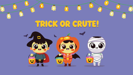 Cartoon halloween scene featuring witch pumpkin and mummy characters under string lights and trick or crute text