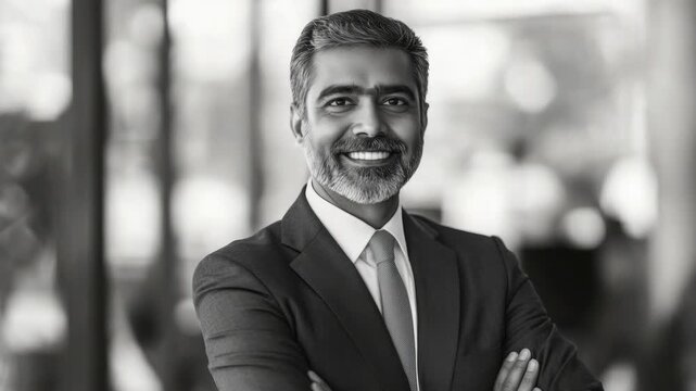 A professional man wearing a suit and tie, confidently posing with his arms crossed against a white background. He has a beard and mustache, suggesting maturity and experience.
