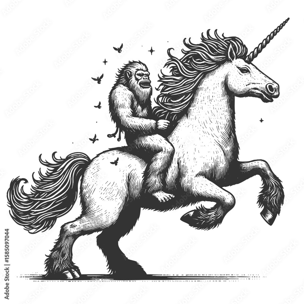Poster yeti riding a majestic unicorn sketch engraving generative ai fictional character vector illustratio
