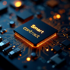 Detailed close-up of a smart contract microchip mounted on a motherboard, glowing contract code lines, gold traces, crypto tech interface, dark macro style, no people or animals