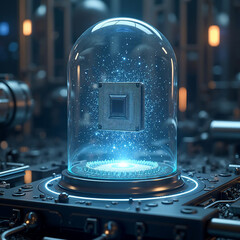 High-detail 3D render of a quantum AI processor core suspended inside a glass casing, glowing with energy particles, futuristic cooling tubes, metallic environment, no humans, cinematic lighting