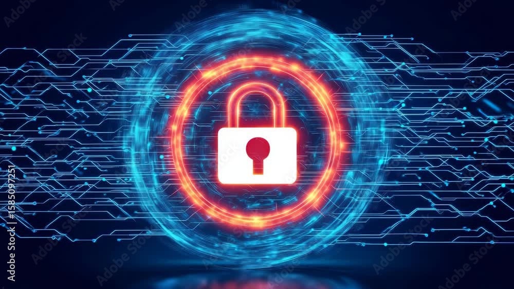 Poster a glowing red padlock icon at the center of a dynamic blue digital circuit board, symbolizing robust