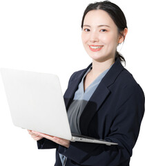 Business image of young cute woman looking at camera standing in suit with computer, upper body...