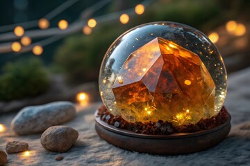 Amber crystal glowing within glass orb surrounded by nature and lights image