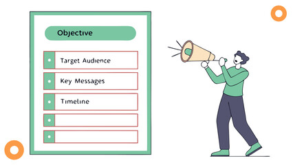 Man with megaphone next to objective list including target audience key messages and timeline in green frame