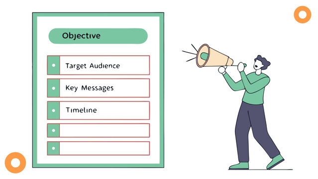 Man with megaphone next to objective list including target audience key messages and timeline in green frame