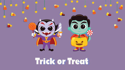 Cartoon vampire and zombie characters with candy corn and stars on a purple halloween background scene