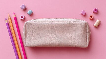 Pastel art supplies and sewing notions with a cream pencil case arranged on pink background