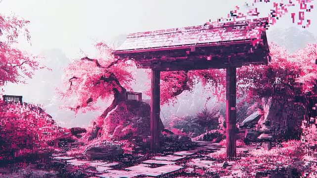 Pink pixelated garden gate