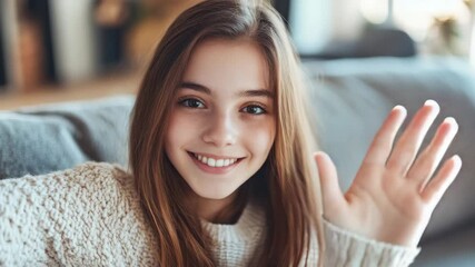 Woman with long hair in a sweater, smiling and saying goodbye with one hand.