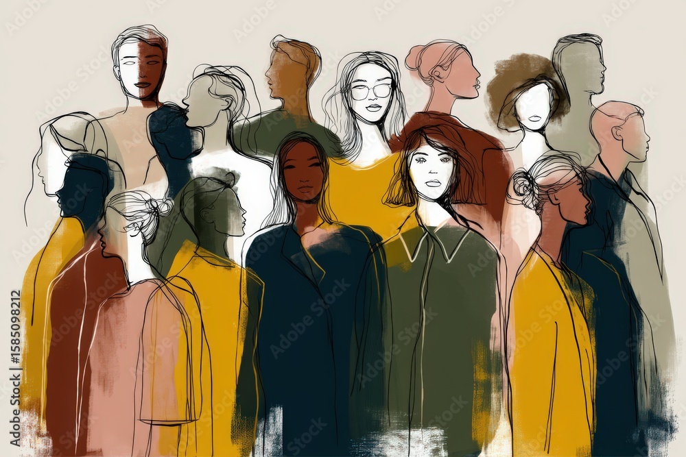 Poster abstract representation of diverse individuals with varying expressions and styles creating a tapest