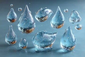 Ten transparent water drops showing various light refractions and reflections against a light gray background