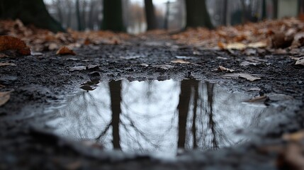 Autumnal Reflections: A Glimpse into the Serene Forest Through a Rain Puddle