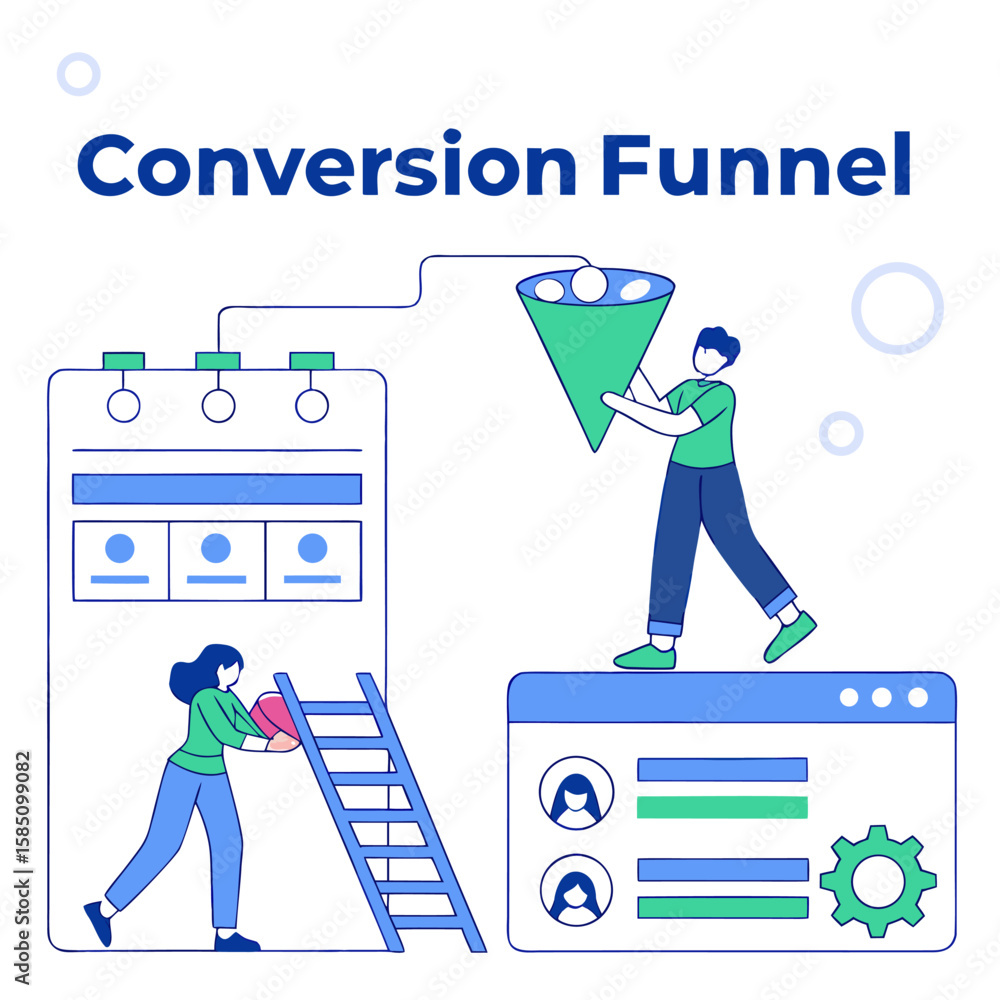 Poster illustration of a conversion funnel with people interacting with data on screens and using a funnel 