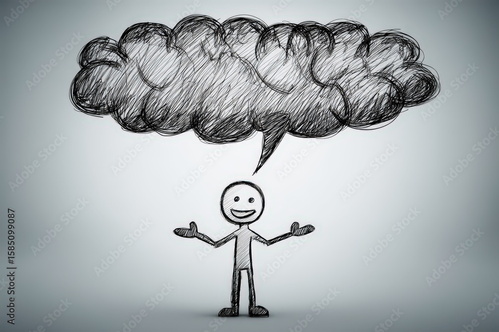 Poster playful sketch of a joyful stick figure expressing happiness with animated speech bubble above head 