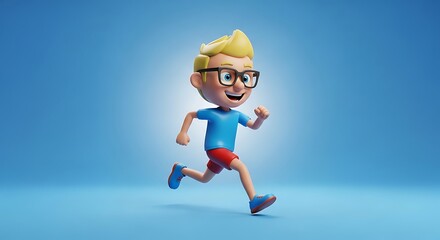 Cartoon Boy Running Energetically on Blue Background