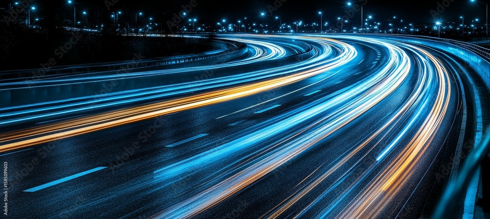 Aufkleber abstract speed and motion light trails on a dark highway with curved blue and cyan pathways
