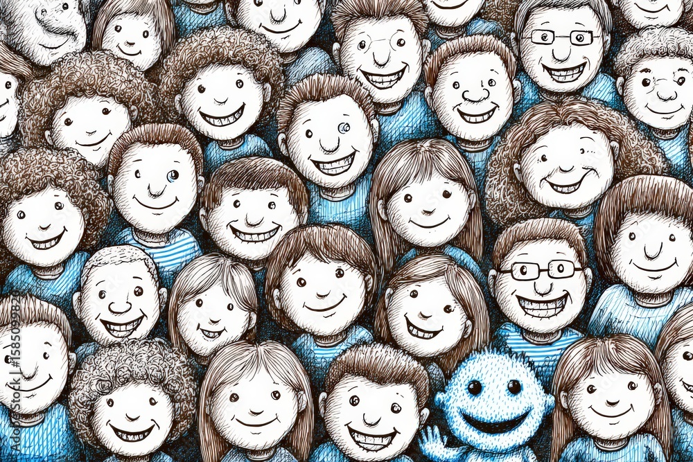 Poster colorful cartoon community depicting joyful diverse group of smiling faces with unique expressions a