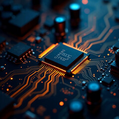 Detailed close-up of a smart contract microchip mounted on a motherboard, glowing contract code lines, gold traces, crypto tech interface, dark macro style, no people or animals