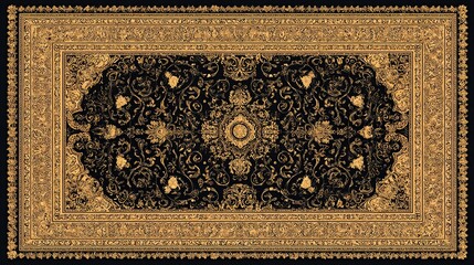 Ornate rectangle black center, gold floral patterns and decorative border