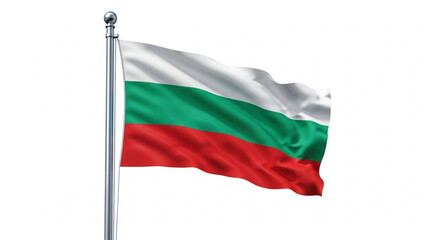 Bulgarian national flag waving proudly on a flagpole against a white background.