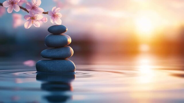 A tranquil scene features a stack of balanced zen stones in calm water with gentle ripples, beneath delicate cherry blossoms, all bathed in the warm glow of a sunset.