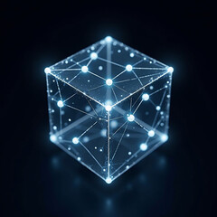 Floating 3D transparent data cube with glowing nodes connected via blockchain pathways, dark background, minimal futuristic aesthetic, glowing points and edges, no text or lifeforms