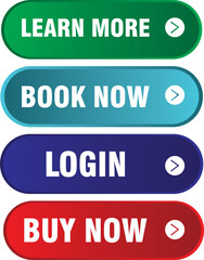Set of colorful call-to-action buttons including learn more, book now, login, and buy now for website design