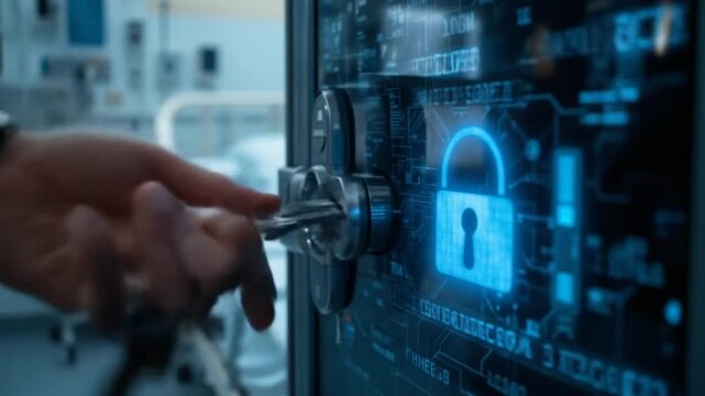 A hospital bed with a digital lock symbolizes HIPAA compliance and data security. 4k video