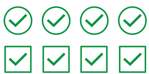 Check mark vector icon. Check box icon with correct, accept checkmark icons tick box, check list circle frame - checkbox symbol sign. check mark box square frame, Tick mark icon. Tick icon set.