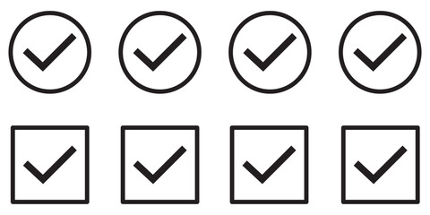 Check mark vector icon. Check box icon with correct, accept checkmark icons tick box, check list circle frame - checkbox symbol sign. check mark box square frame, Tick mark icon. Tick icon set.