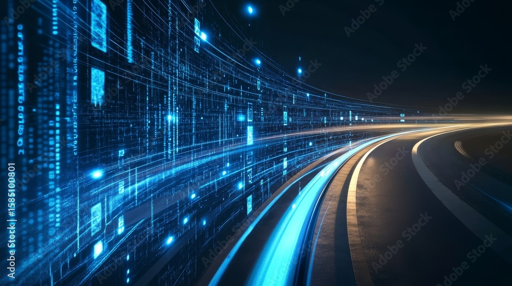 Poster futuristic highway with glowing data transmission and advanced communication system visualization