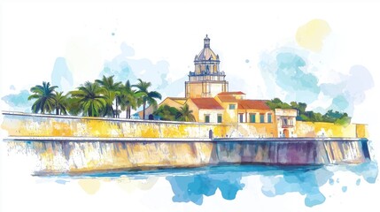 Castillo San Felipe de Barajas. Castillo San Felipe de Barajas hand drawn watercolor illustration
