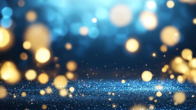 A magical abstract background features a sparkling blue foreground with scattered glittering particles and warm golden bokeh lights against a deep blue backdrop.