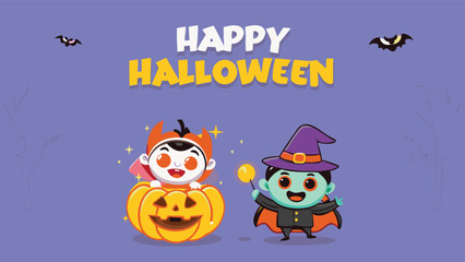 Fototapeta premium Happy halloween with cartoon vampire in pumpkin and witch with candy on purple background design