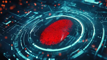 A red biometric fingerprint scan on a futuristic digital interface with cybernetic circuitry. - Powered by Adobe