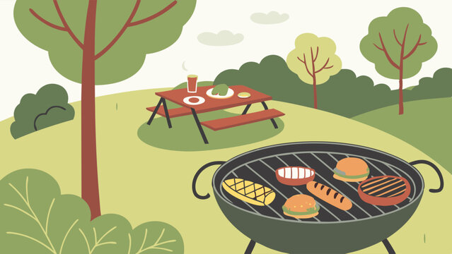 An illustration of a summer barbecue picnic in a park with food on the grill and a table in the background. - Powered by Adobe