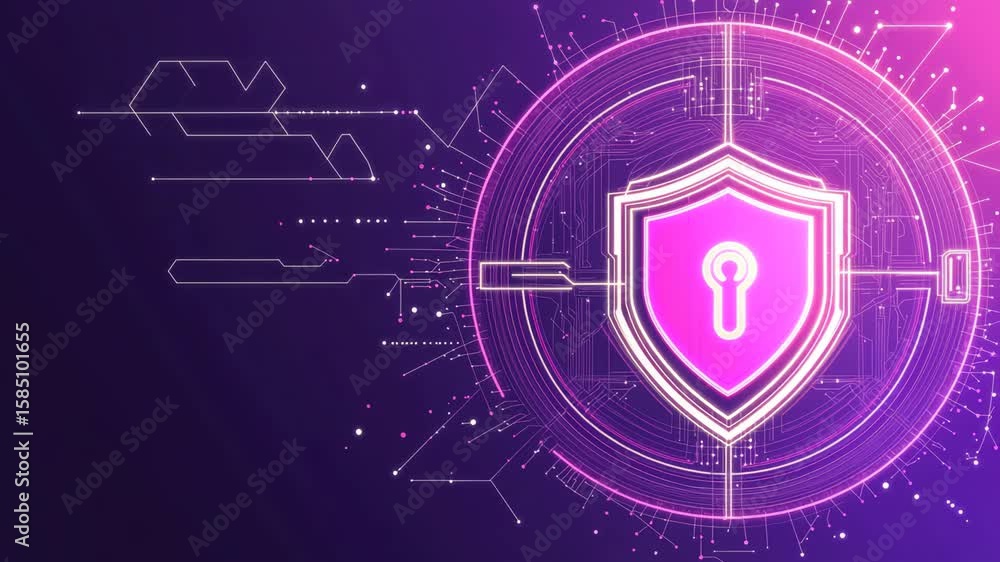 Poster a vibrant digital illustration of a glowing pink shield with a keyhole, surrounded by circuit lines 