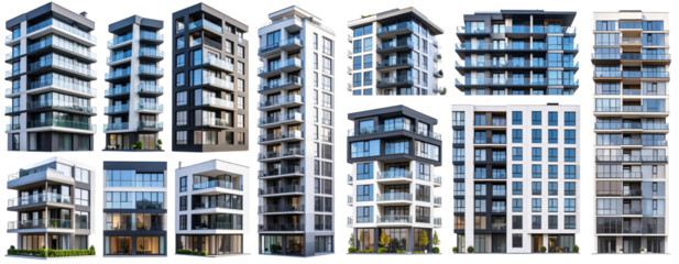 - Set of modern apartment buildings in various styles, isolated on transparent background PNG