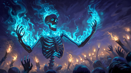 Skeleton with glowing blue flames gestures dramatically in a dark and mystical setting. Crowd with raised hands creates energetic atmosphere