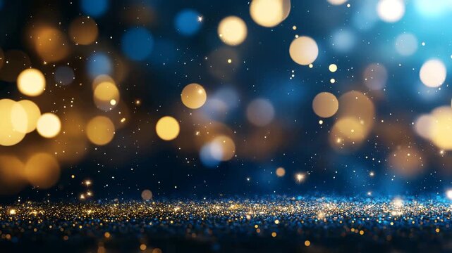 A magical abstract background features a sparkling golden foreground with scattered glittering dust and glowing bokeh lights against a deep blue and warm yellow gradient.